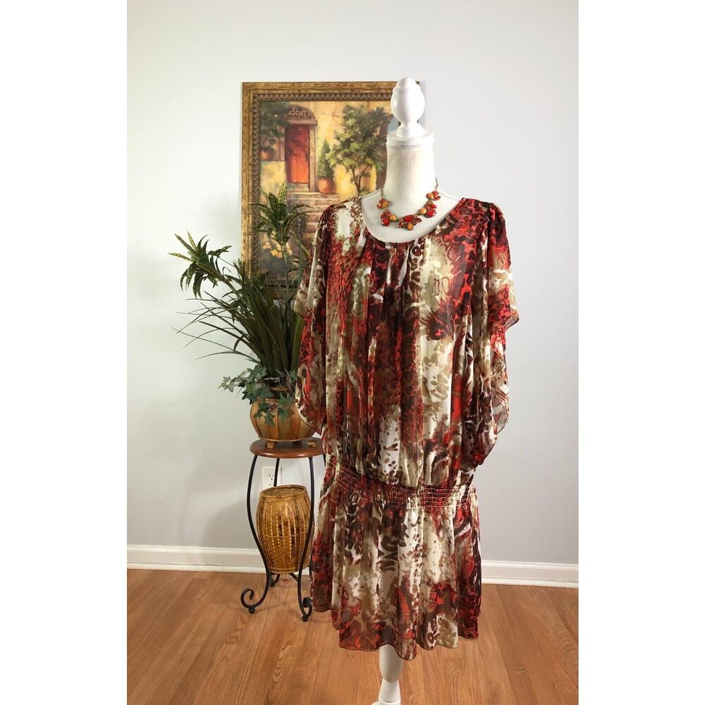 SNAP Kaftan Dress Women's XL‎ Multi-Patterned Lined Chiffon Dolman Sleeve